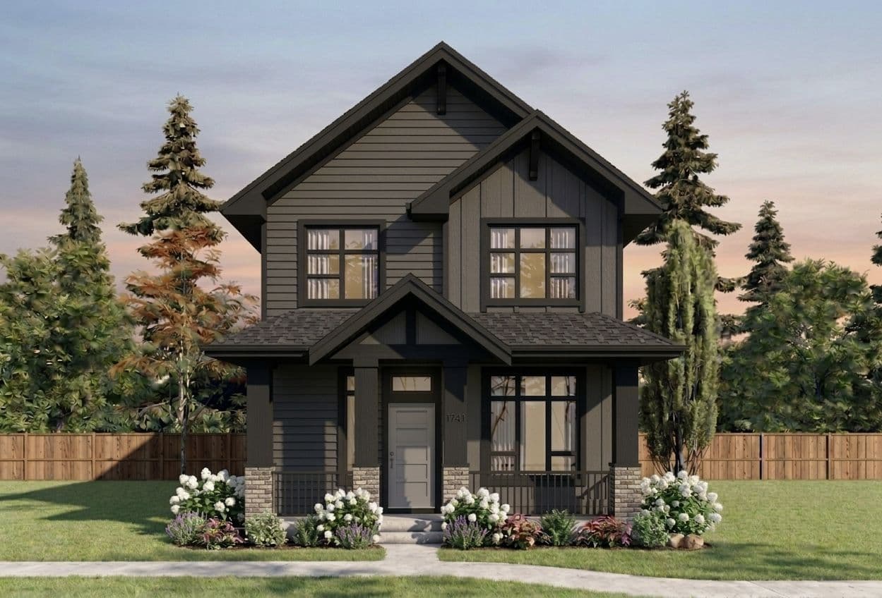 Yorkson Meadows – Rendering of another two-storey home with dark siding, gabled roofline, and covered porch at dusk.