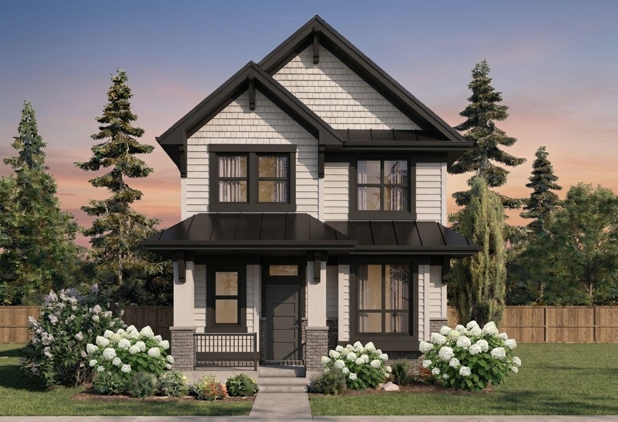Yorkson Meadows – Rendering of a two-storey craftsman-style single-family home with a covered front porch at dusk.
