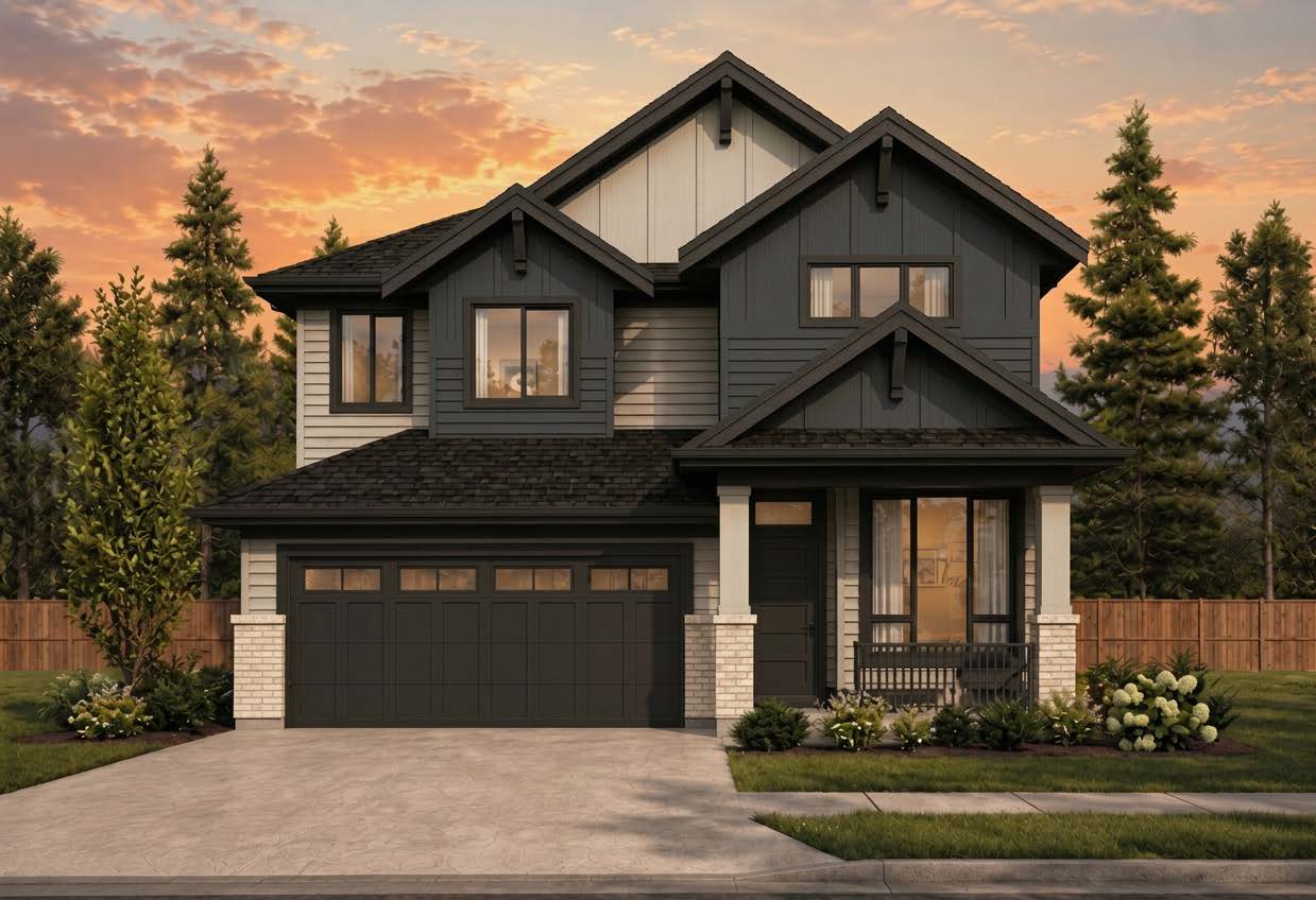 Yorkson Meadows – Rendering of a home with an attached two-car garage, dark siding, and stone accents at sunset.