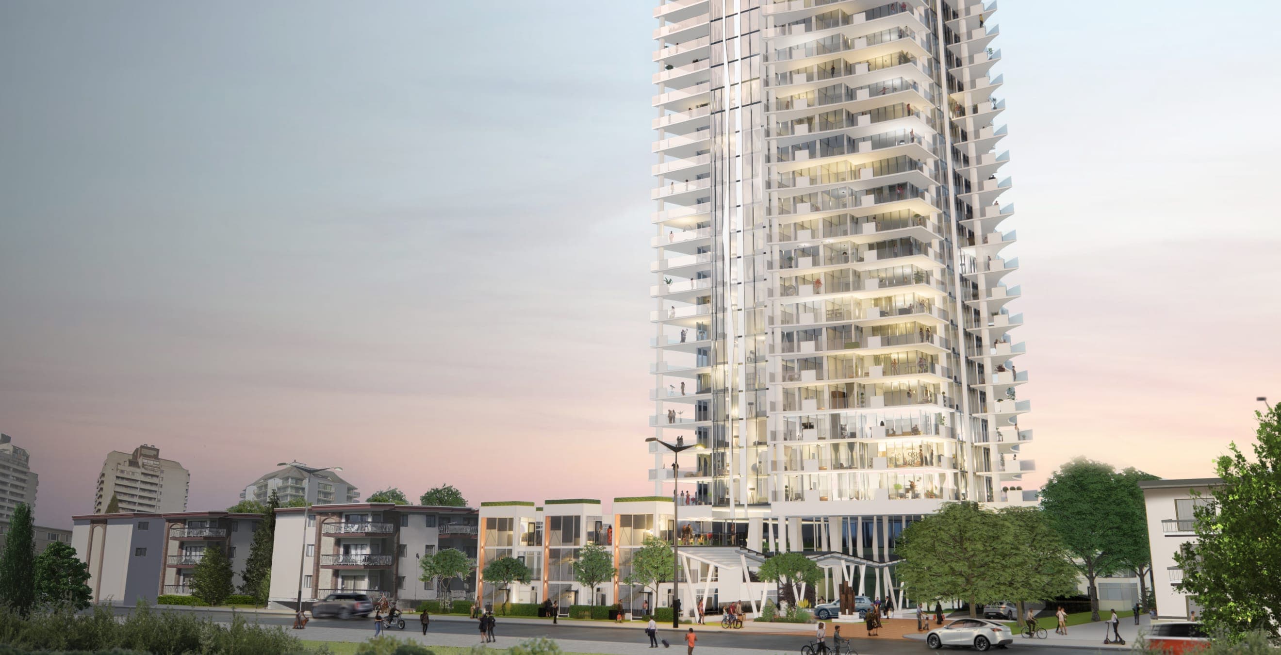 Willingdon – A street-level architectural rendering shows a tall, modern white residential high-rise with glass balconies towering over low-rise buildings and townhomes. Pedestrians, cyclists, and cars line the landscaped street below under a soft dusk sky.