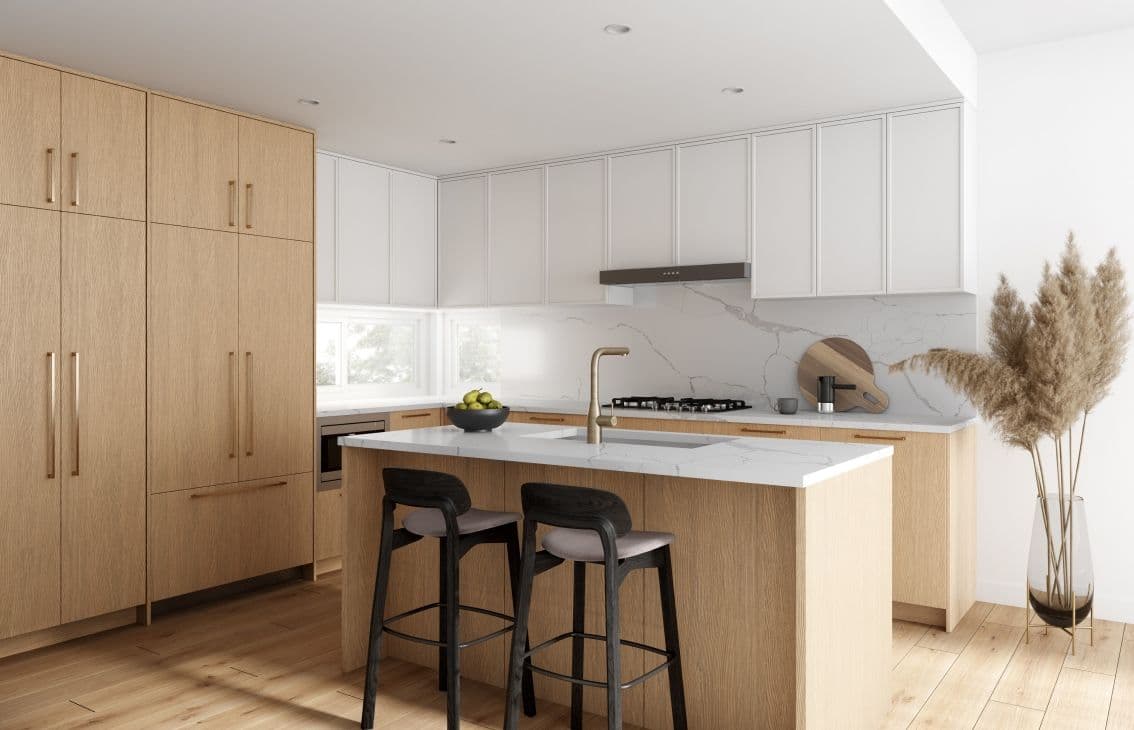 Florin – Rendering of a light wood kitchen with an island, black bar stools, gas cooktop, and marble backsplash.