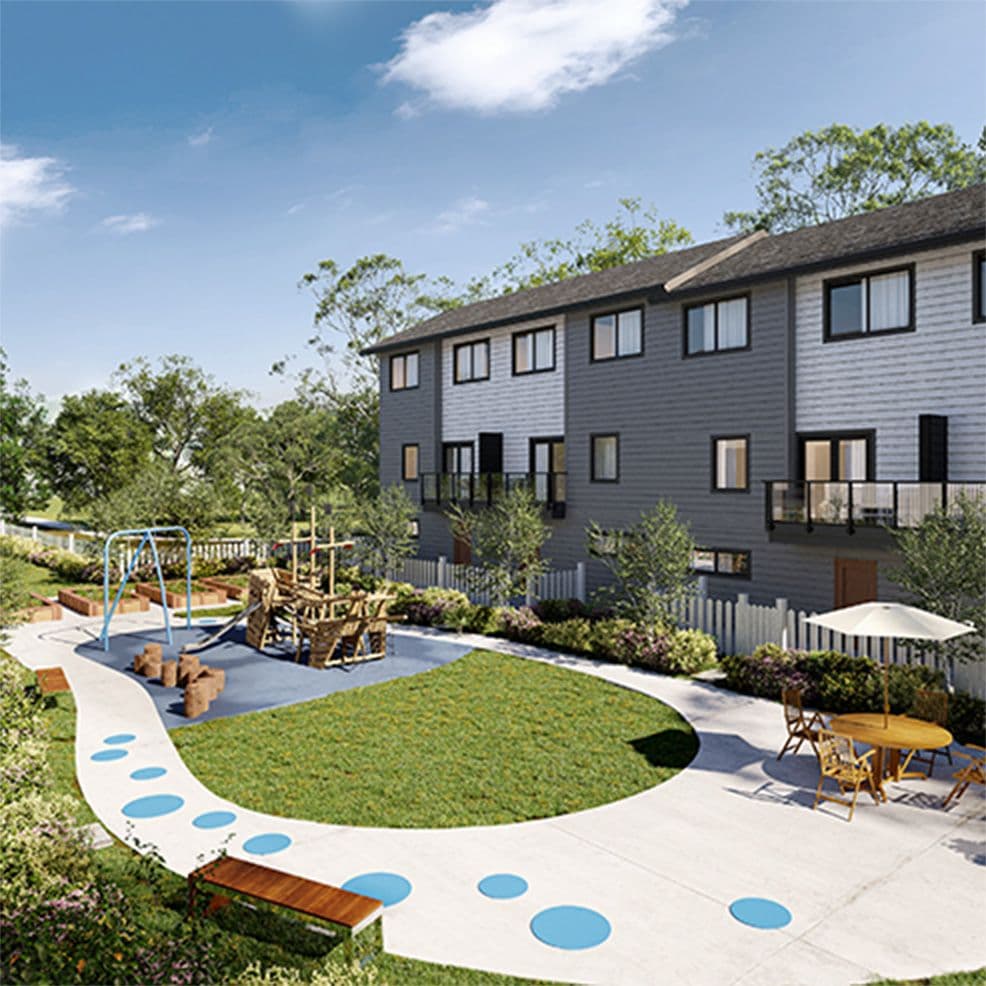 Gordon Square – Aerial rendering of a shared courtyard behind townhomes featuring a children's playground, patio seating with umbrella, and a curved painted walking path.