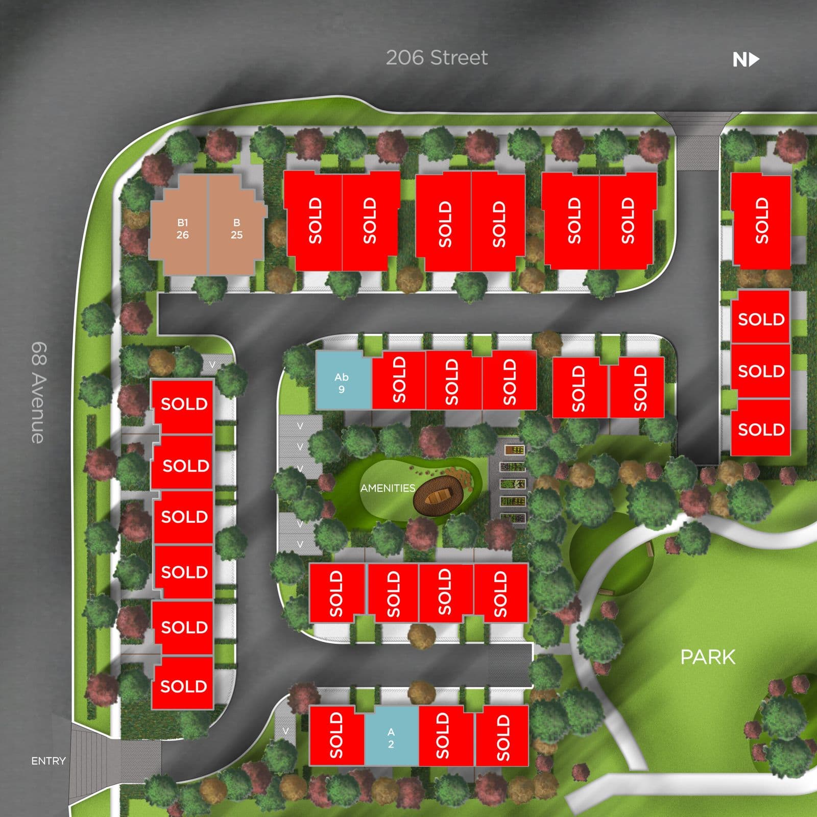 Gordon Square – Overhead site plan of the townhome development showing building blocks marked 'SOLD', a central amenities area, and a park to the east.