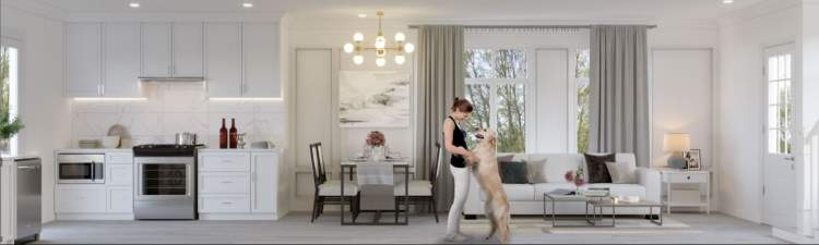 HighGate Homes – Rendering of an open kitchen, dining, and living room with white cabinetry, marble backsplash, and a woman playing with a dog in the living area.