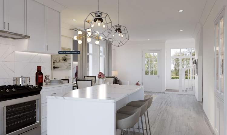 HighGate Homes – Rendering of a kitchen with white cabinetry, a marble waterfall island, dark cluster pendant lights, and a view toward a staircase and back door.