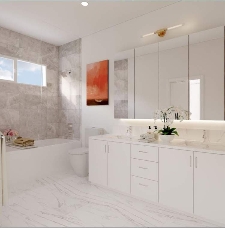 HighGate Homes – Rendering of a bathroom with a soaker tub, a glass-enclosed walk-in shower, a white double vanity, and marble-look floor tile.