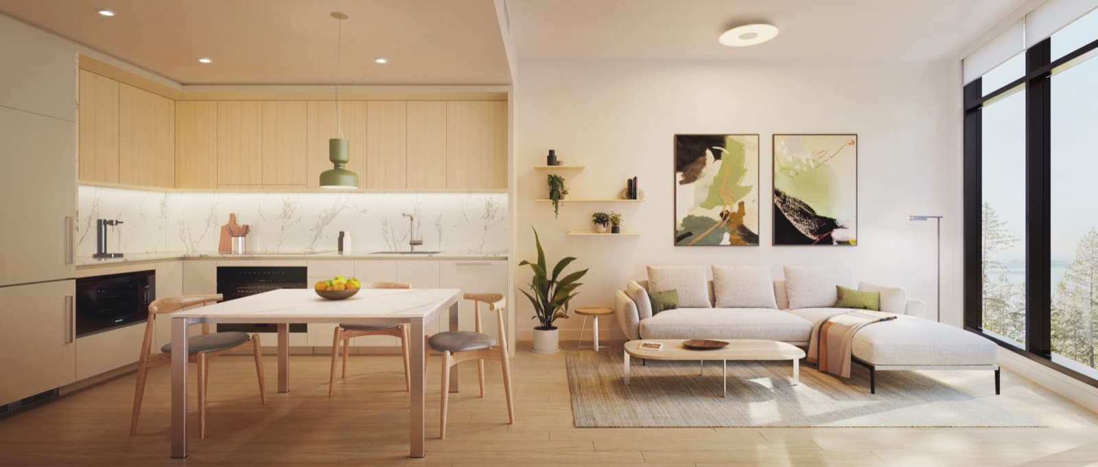 Hawksley – Open-concept kitchen with light wood cabinetry and dining table next to a living room with a sectional sofa.
