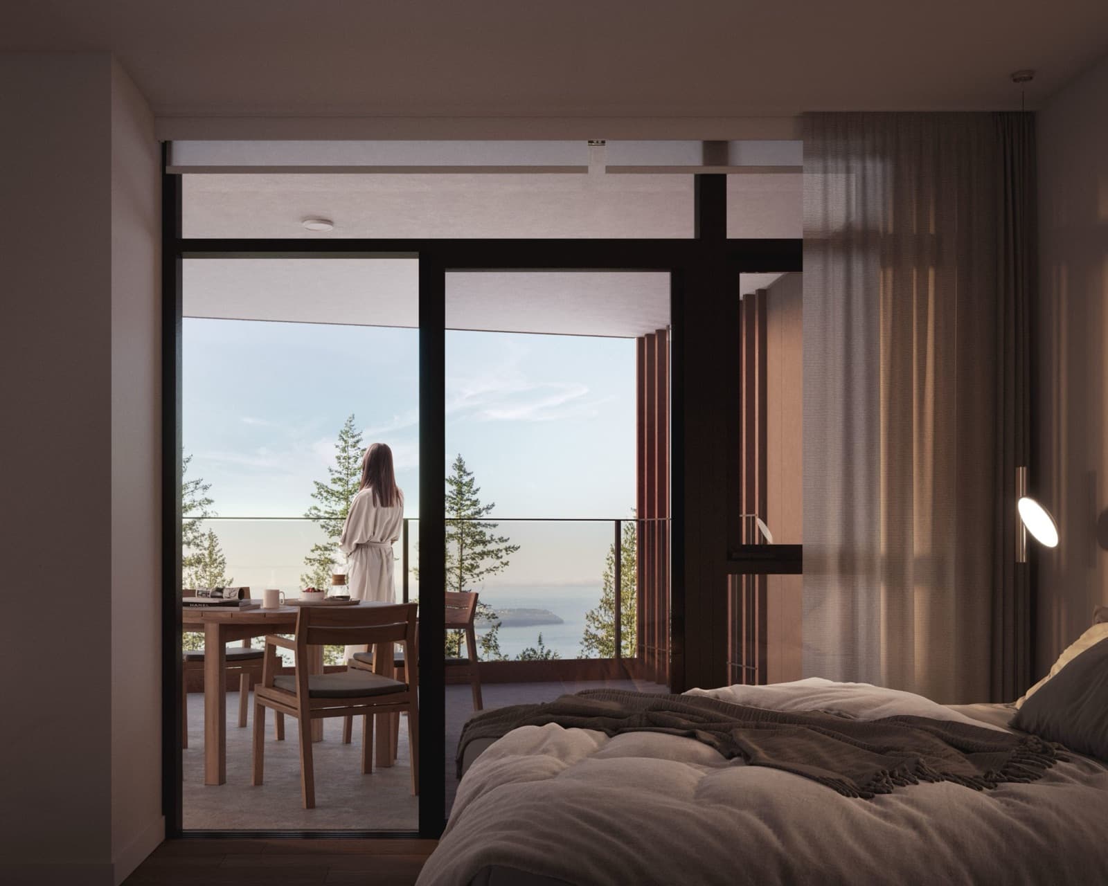 Hawksley – Evening bedroom scene with a made bed in the foreground and a small balcony dining nook beyond sliding glass doors overlooking water.