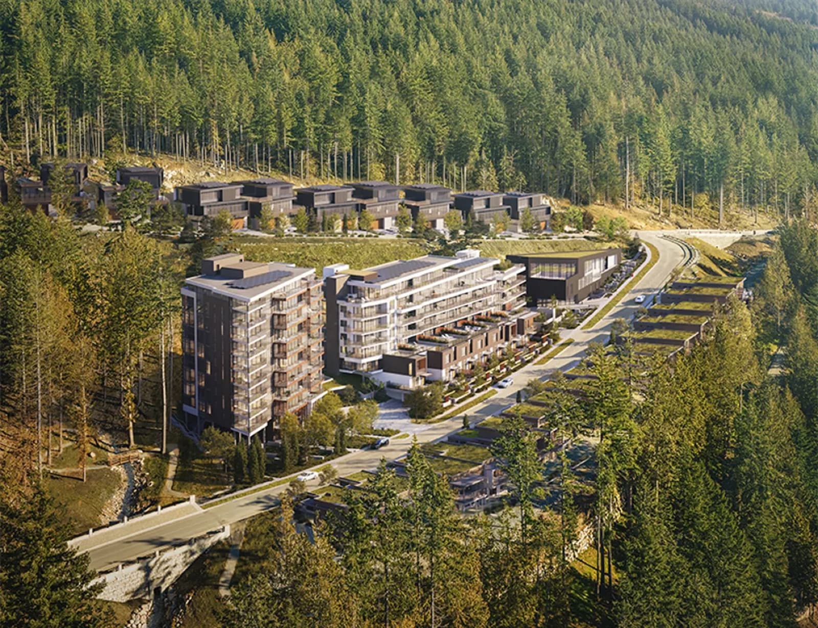 Hawksley – Overhead drone rendering of the building complex nestled in a forested hillside with a road curving alongside.