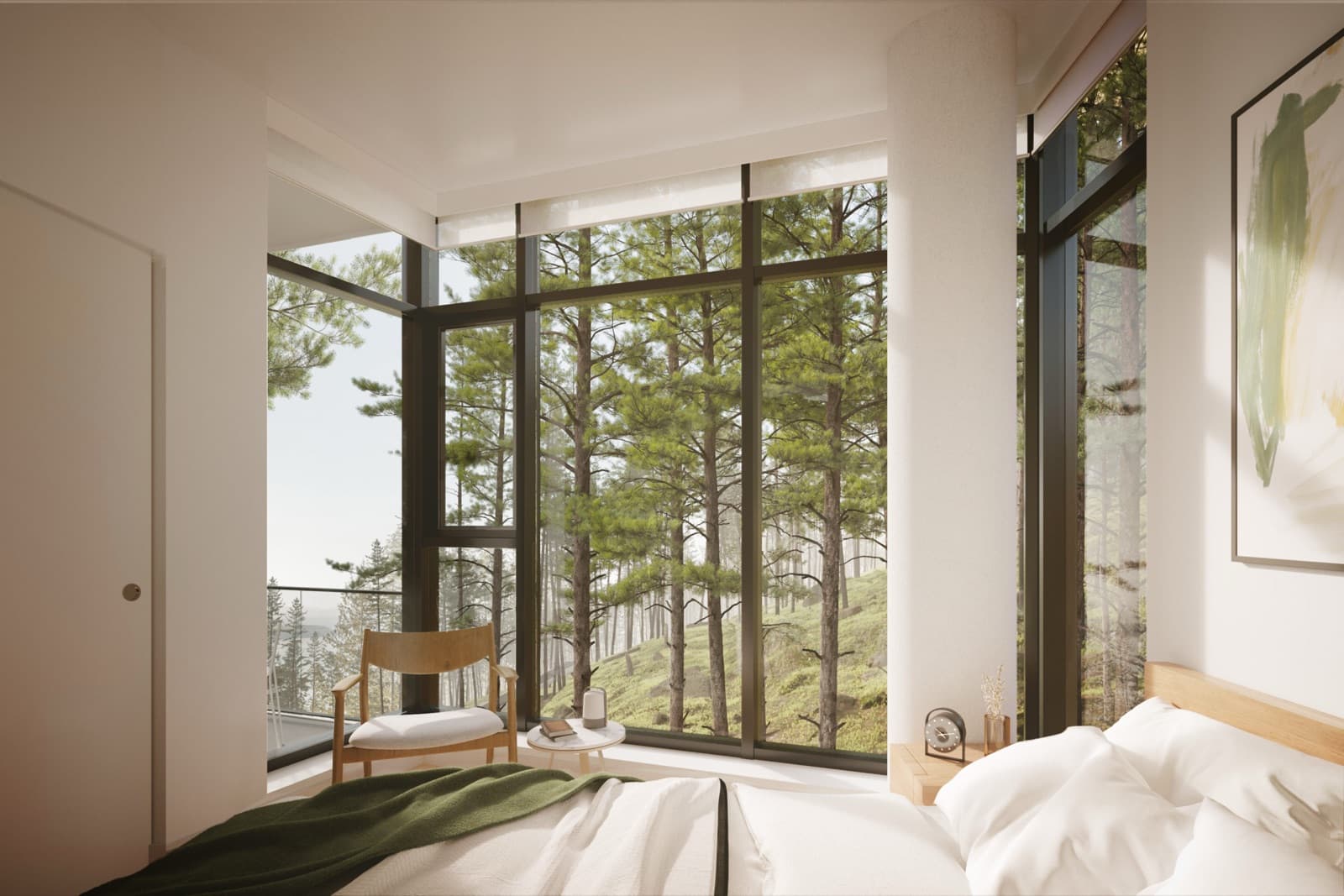 Hawksley – Bedroom with a bed, armchair and floor-to-ceiling windows looking directly onto a forested slope.