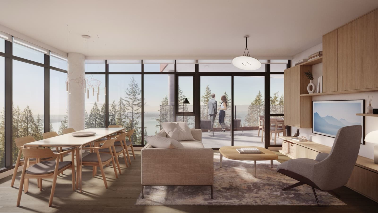 Hawksley – Living and dining room with sofa, wall-mounted TV and floor-to-ceiling windows; two people stand on the balcony overlooking water and trees.