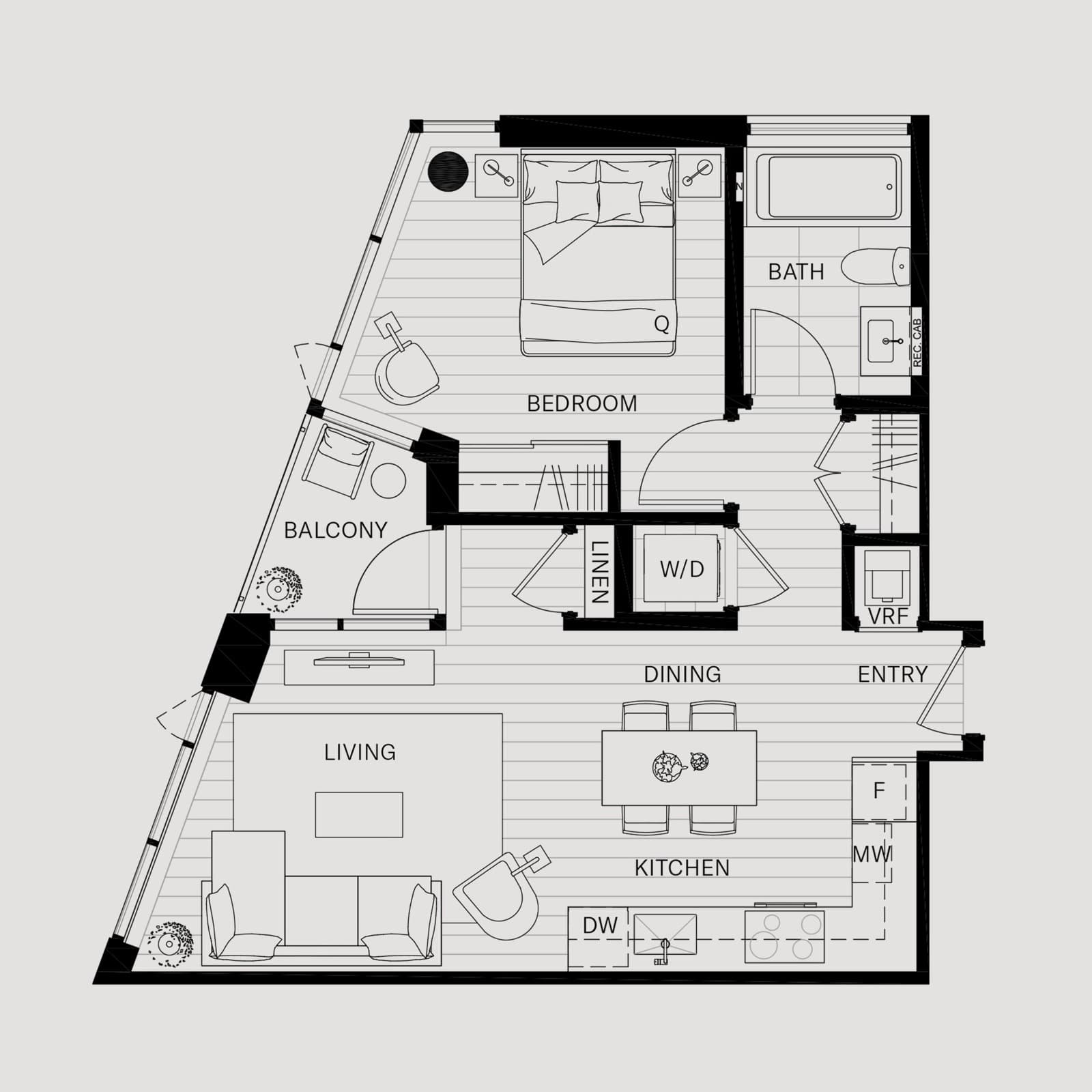 Hawksley – Floor plan drawing of a one-bedroom unit showing bedroom, bathroom, living, dining, kitchen and balcony layout.