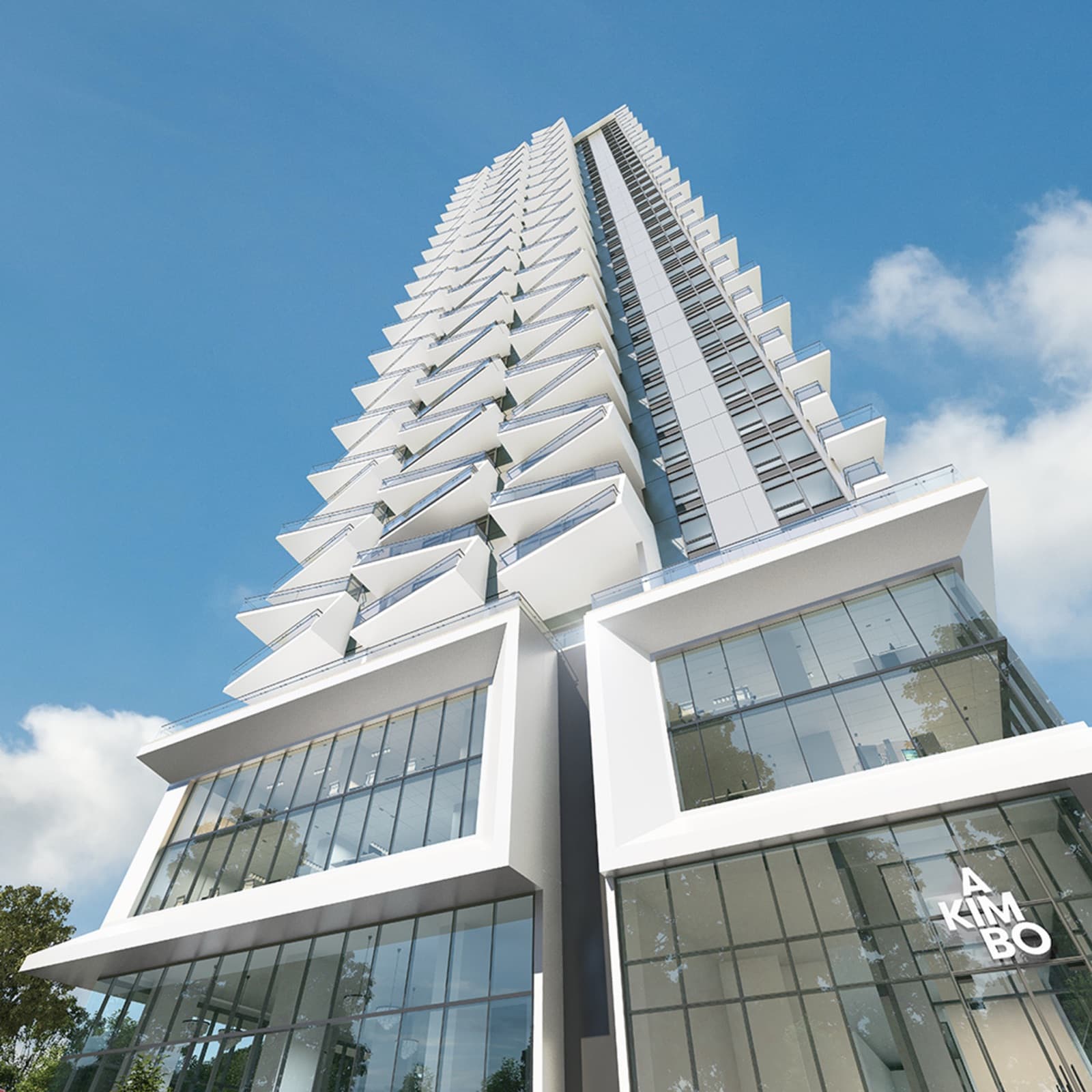 Akimbo Condos – A worm's-eye view of the tower's glass podium base with the AKIMBO wordmark sign, looking up at the triangular balconies above.