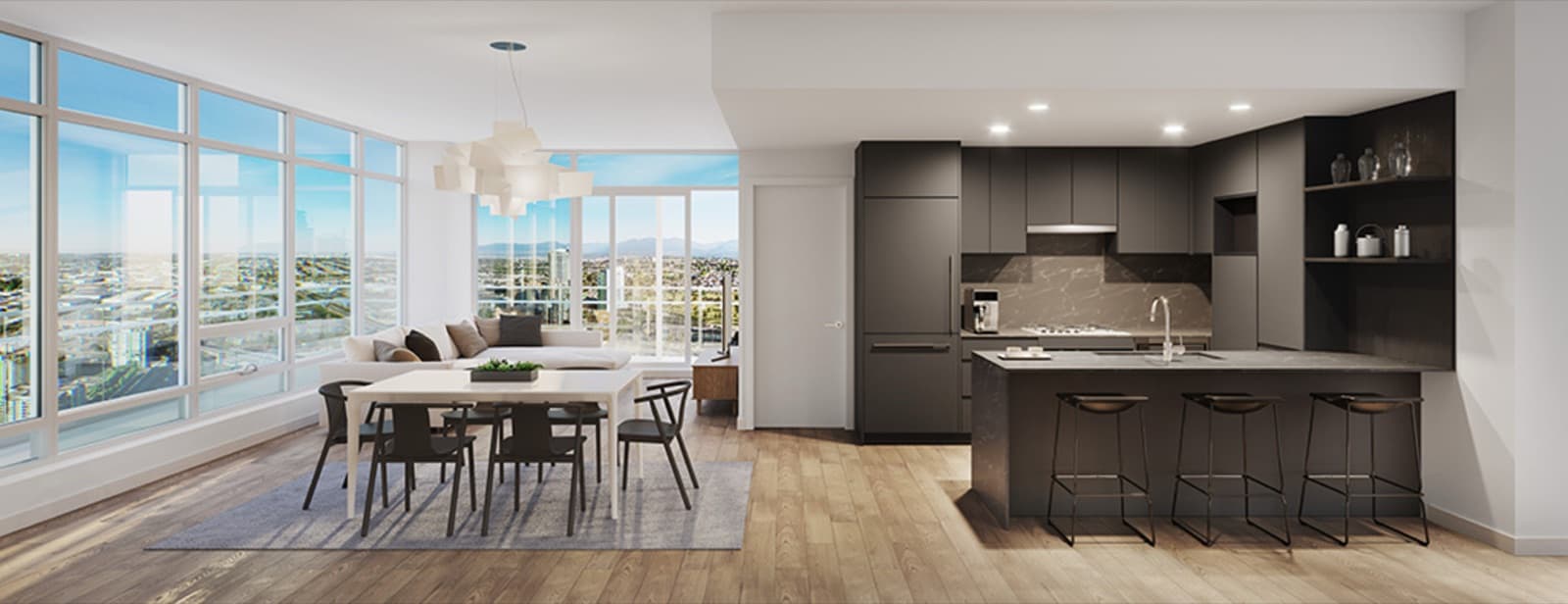 Akimbo Condos – An open-concept condo with a dark kitchen island and cabinetry, a dining table, a sectional sofa, and floor-to-ceiling windows overlooking the city skyline.