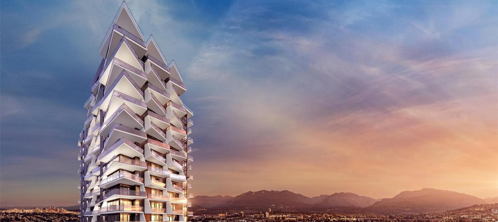 Akimbo Condos – A rendering of the angular white high-rise tower with triangular balcony fins, shown against a sunset sky with mountains in the distance.