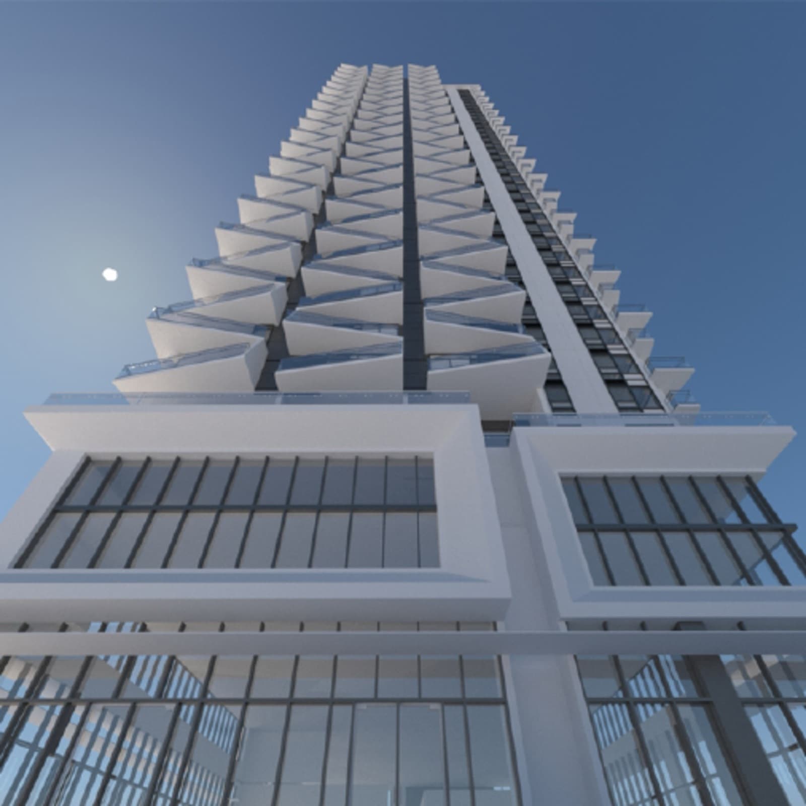 Akimbo Condos – Another upward view of the tower's triangular balcony facade against a clear blue sky.