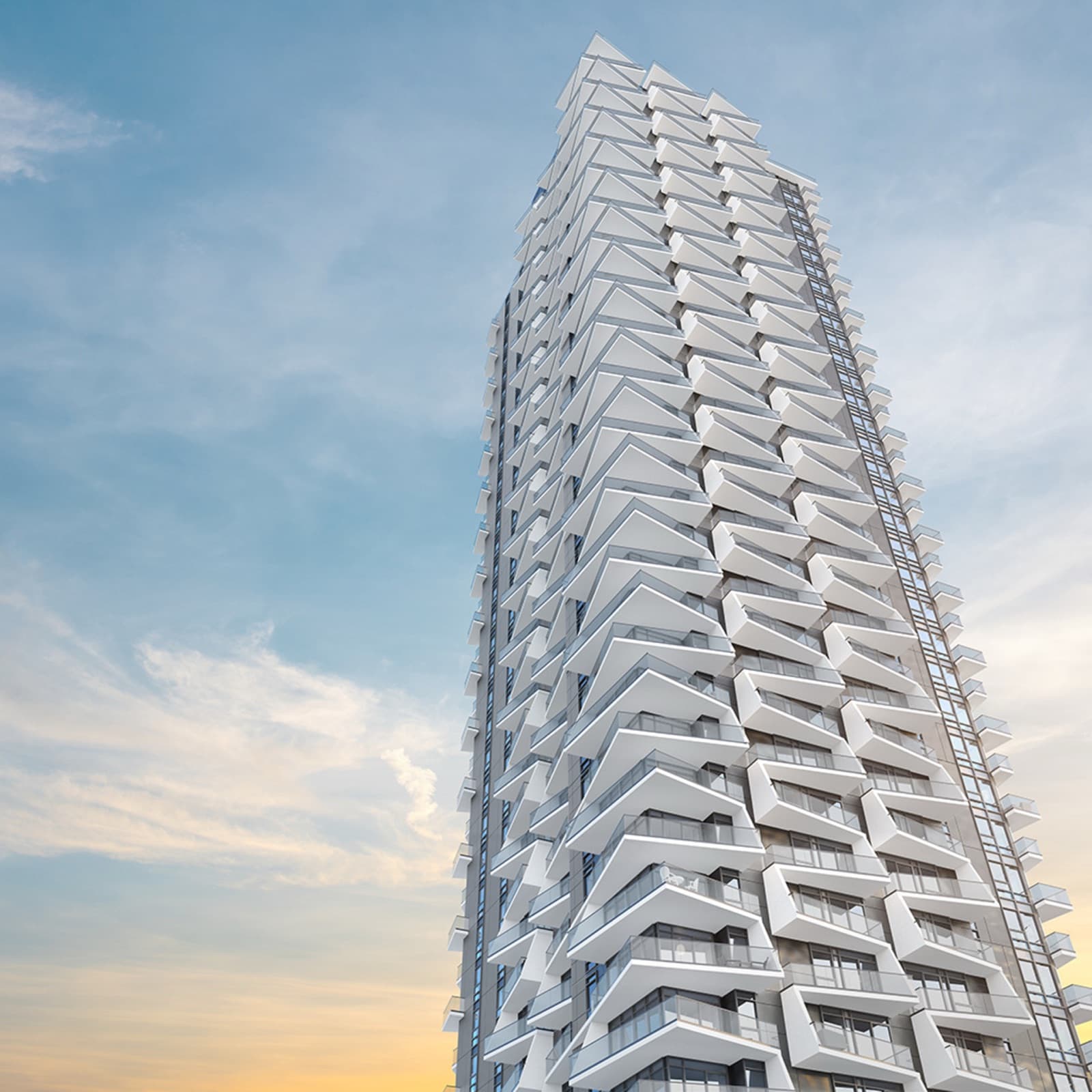 Akimbo Condos – A worm's-eye view looking straight up the tower's facade, showing the repeating triangular balcony pattern against a blue sky.