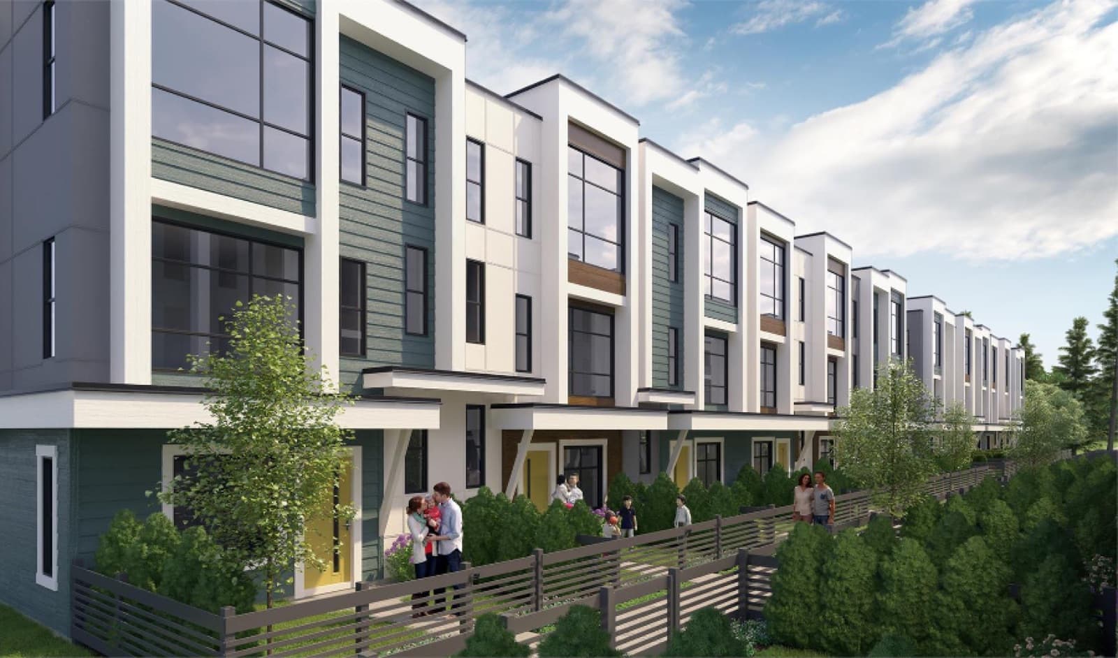 Base 10 – Street-level view of a row of three-story townhomes with families walking along a wood picket fence.