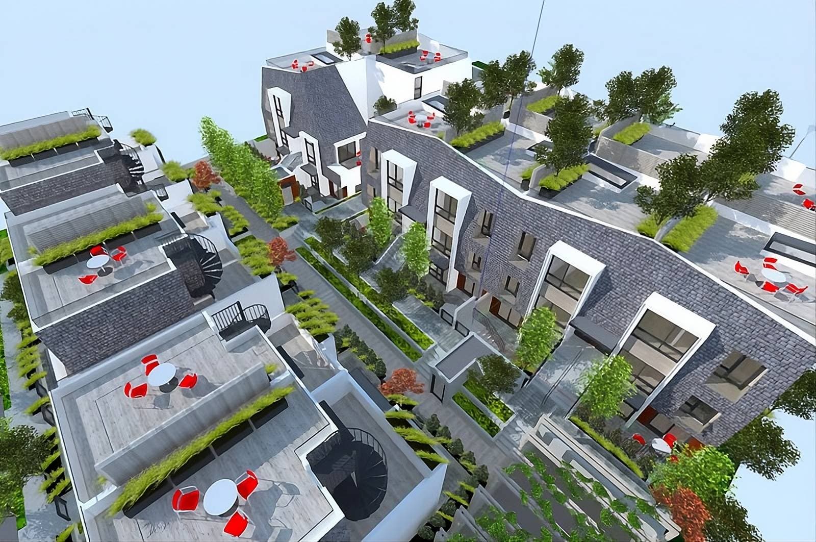 W45th – An elevated 3D architectural rendering displays a modern multi-family residential complex featuring curved, stone-textured gabled roofs and private rooftop terraces. The design integrates landscaped courtyards, spiral staircases, and patio furniture set against bright daylight.