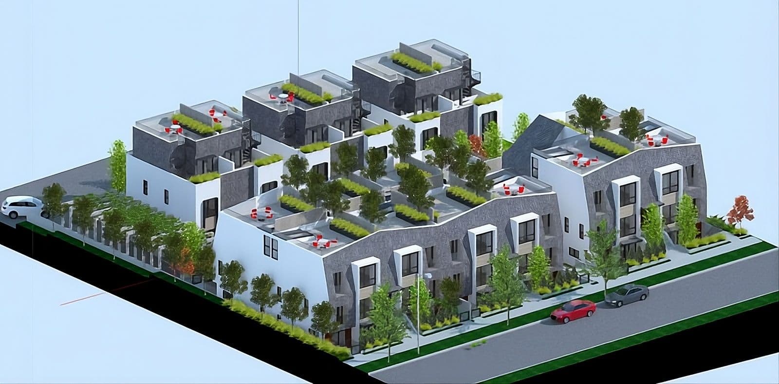 W45th – An elevated isometric 3D architectural rendering displays a modern multi-unit townhouse development with striking white and textured grey stone-like facades. The stepped complex features lush green rooftops with potted trees and patio furniture, set along a quiet residential street lined with cars and landscaped sidewalks.
