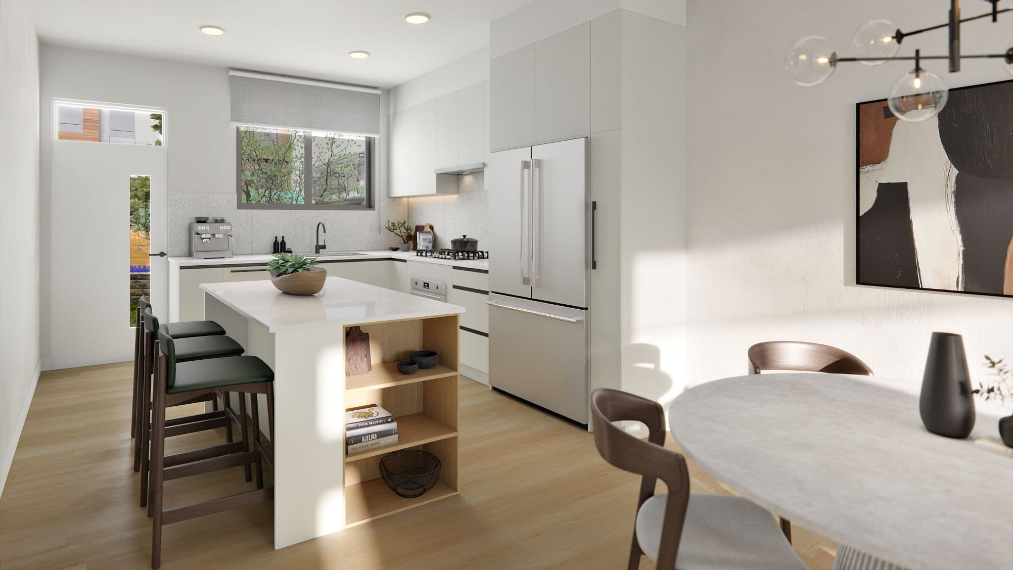 The Grove – A white kitchen with an island, green upholstered bar stools, open wood shelving with cookbooks, a gas range, and a stainless steel french-door refrigerator, with a glass-paneled front door visible.