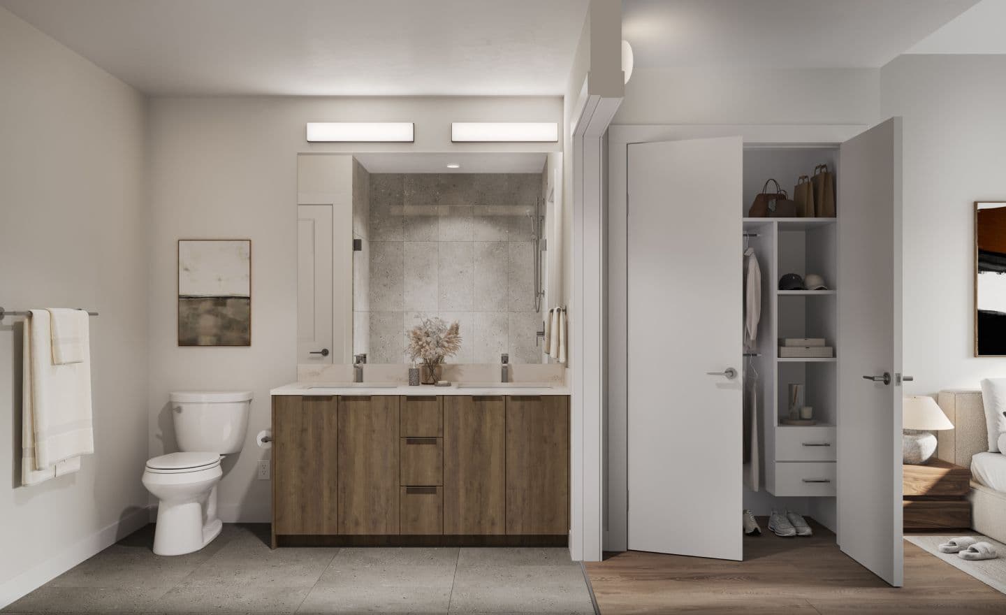 Bute – Rendering of a bathroom with a double vanity, wood cabinetry, and a glass-enclosed walk-in shower, with an open door showing a walk-in closet.