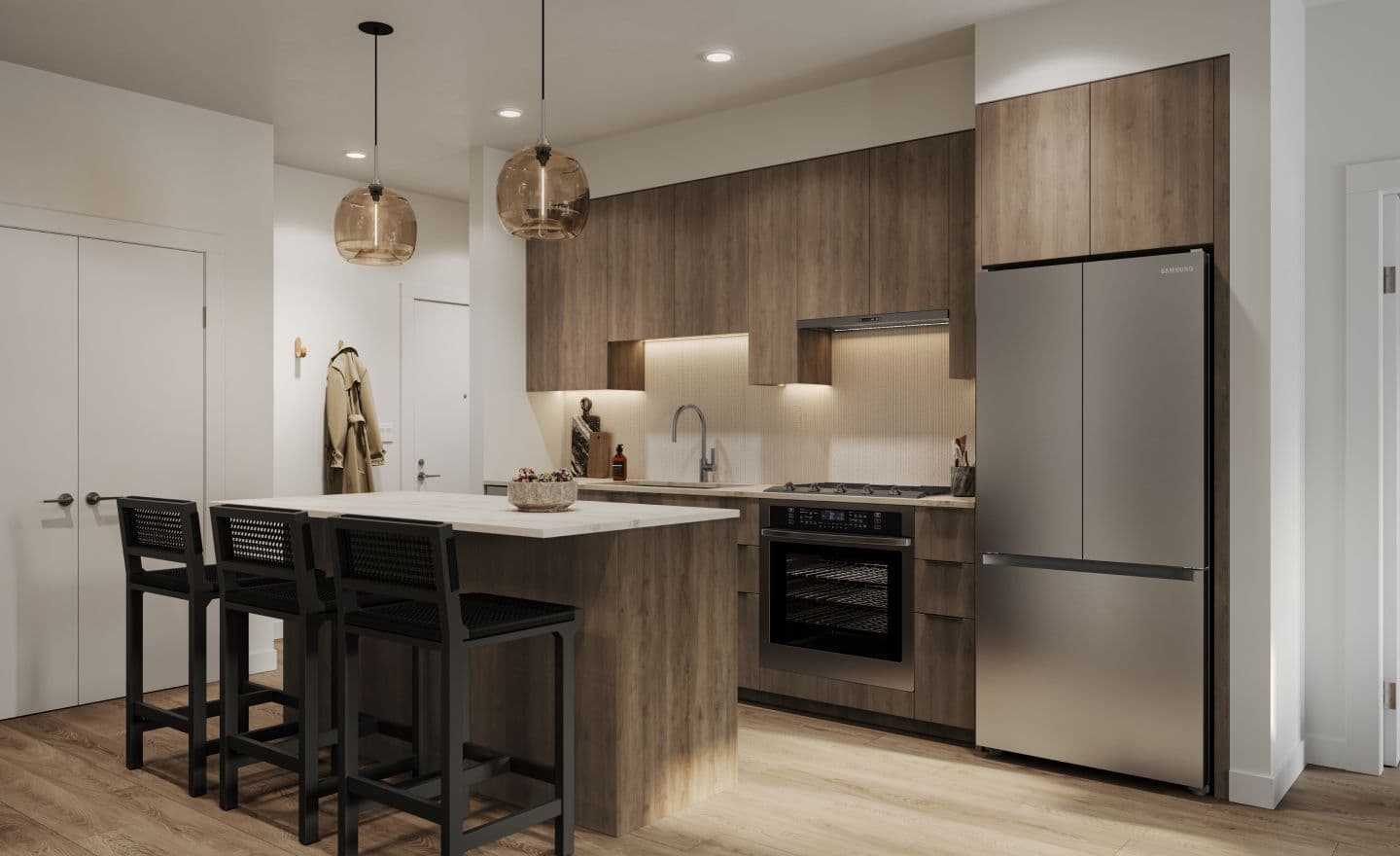 Bute – Rendering of a kitchen with dark wood cabinetry, a stainless refrigerator, amber pendant lights, and a center island with black bar stools.