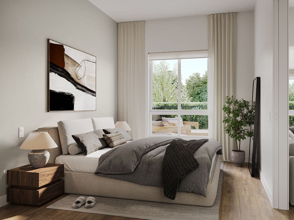 Bute – Rendering of a bedroom with gray and beige bedding, a wood nightstand, artwork above the bed, and a glass door leading to a balcony.