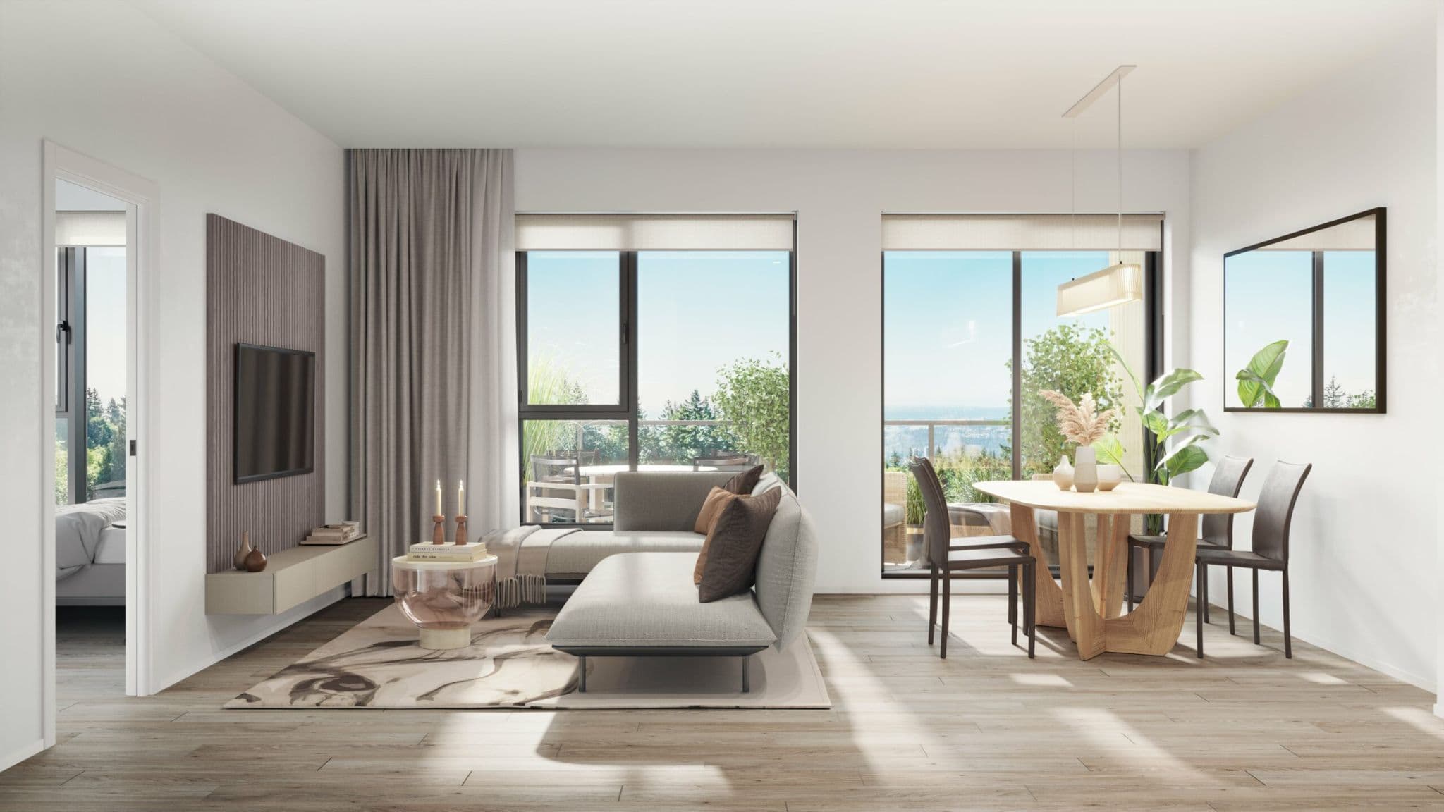 Arbour at SFU UniverCity – Open living and dining room with a gray sofa, wood dining table, and floor-to-ceiling windows leading to a balcony with a distant view.
