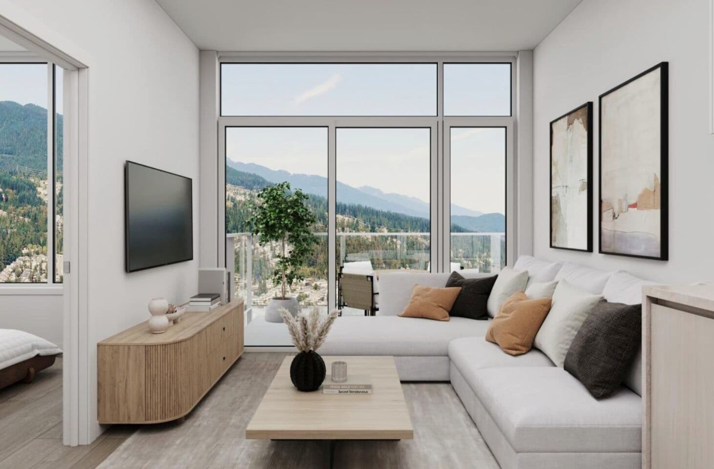 Pine & Glen – Rendering of a living room with a light gray sectional sofa, wall-mounted TV, and floor-to-ceiling windows overlooking mountains and a hillside neighborhood.