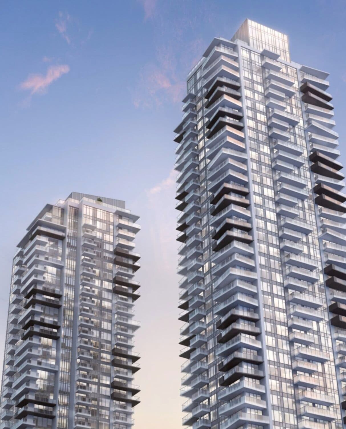Pine & Glen – Rendering of two tall glass-and-concrete residential towers viewed from street level looking up, with balconies stacked along the facades and a sunset sky.