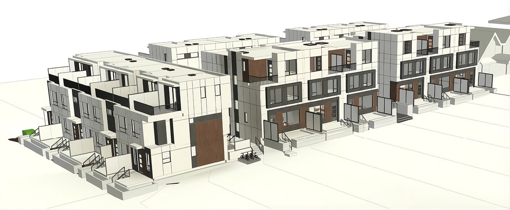 Emera – A white 3D massing model showing multiple townhome building rows and rooflines from an elevated angle, used to illustrate the site layout.