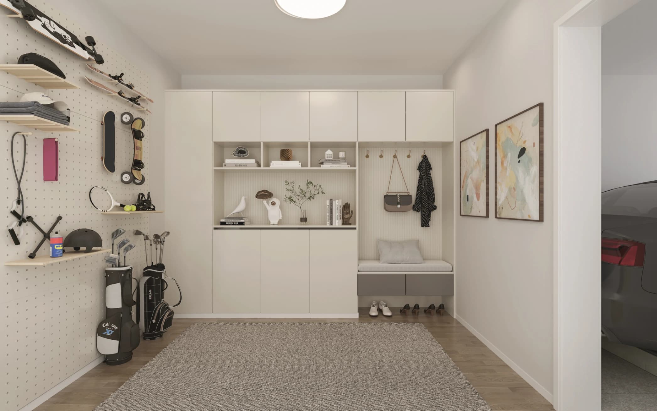 Emera – A modern, highly organized mudroom or entryway feature built-in off-white cabinetry, open display shelves, and a bench seating area beside an adjoining garage with a car visible. The left wall features a large pegboard system storing sports gear including skateboards, golf bags, a tennis racket, and a helmet, set over light wood-look flooring and a textured area rug.