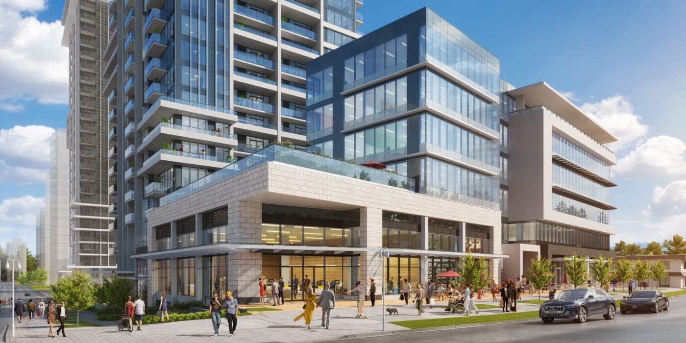 Whalley Station – Rendering of a mixed-use tower with glass office podium and retail at street level, pedestrians on a sunny sidewalk plaza.