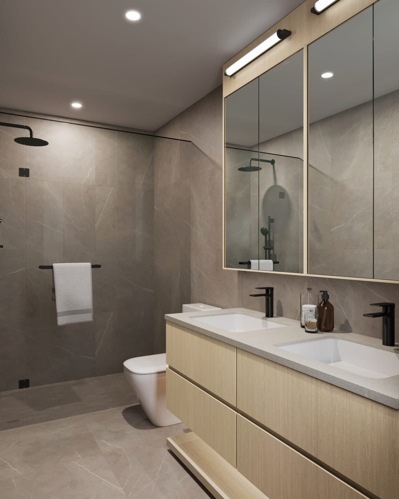 BE 49th – Bathroom with a walk-in glass shower, wood double vanity with two undermount sinks, black fixtures, and a large mirrored medicine cabinet.