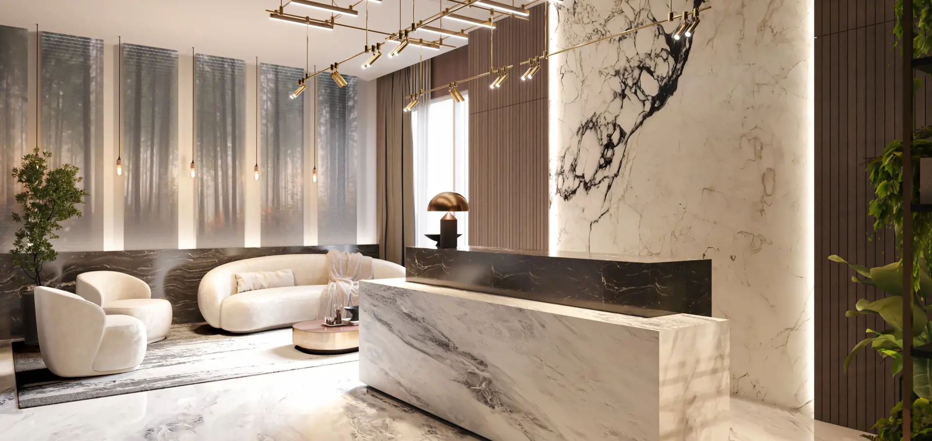 Marco Polo – Building lobby lounge with a marble reception desk, brass linear chandeliers, and a plush seating area.