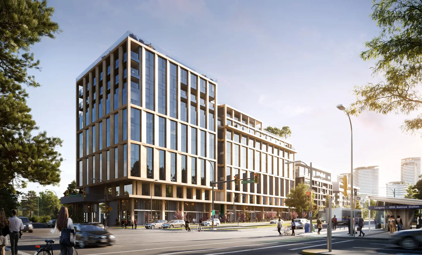 Marco Polo – Street-level exterior of a mid-rise building with a mass-timber grid facade and ground-floor retail, at a busy intersection near a transit station.
