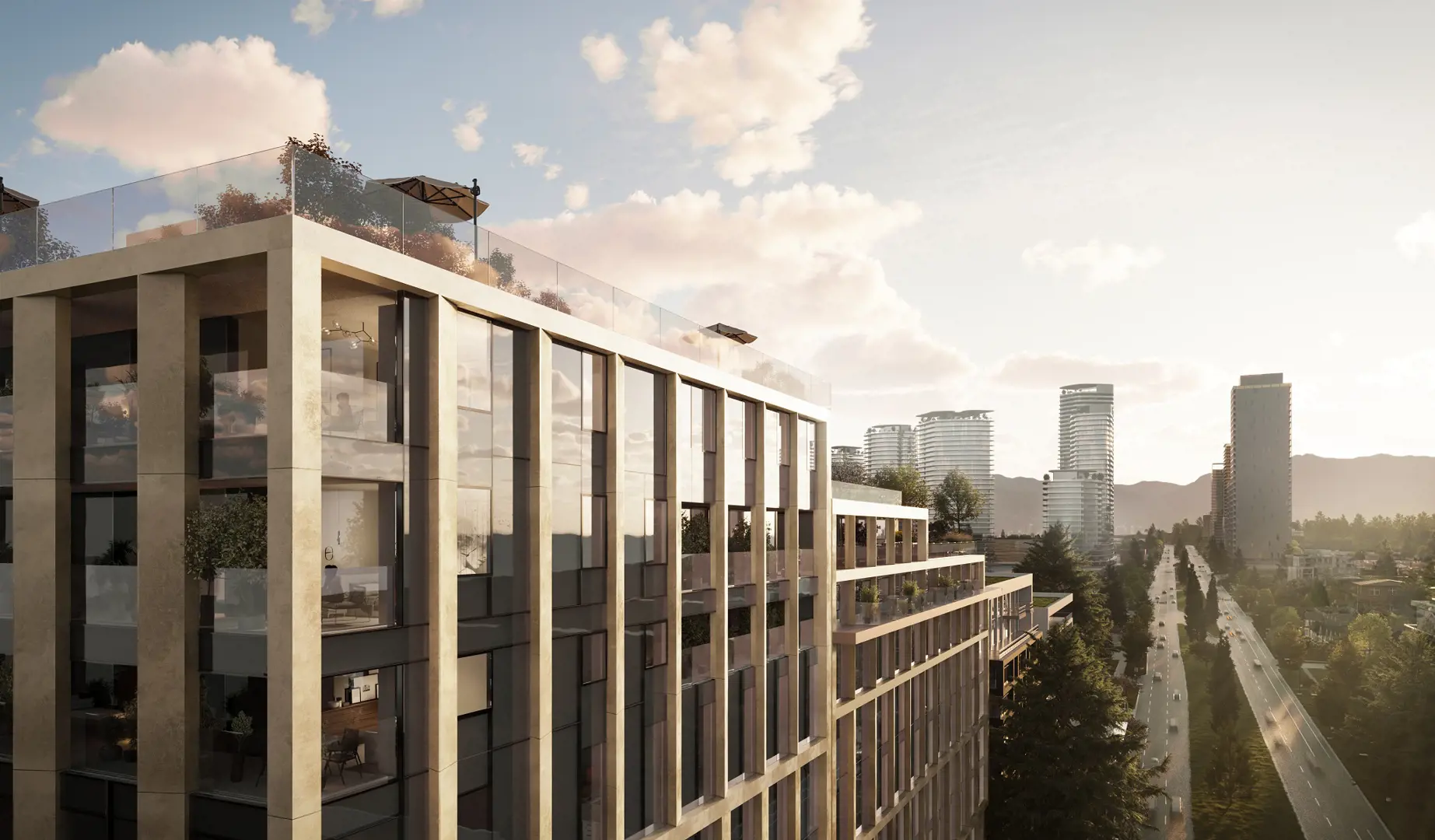 Marco Polo – Elevated exterior view of a stone-and-glass condo tower with a rooftop terrace, overlooking a highway and distant towers at sunset.