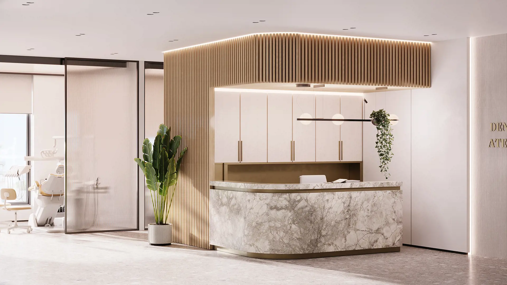 Marco Polo – Interior of a dental clinic reception area with a marble reception desk, wood-slat ceiling feature, and a treatment room visible nearby.