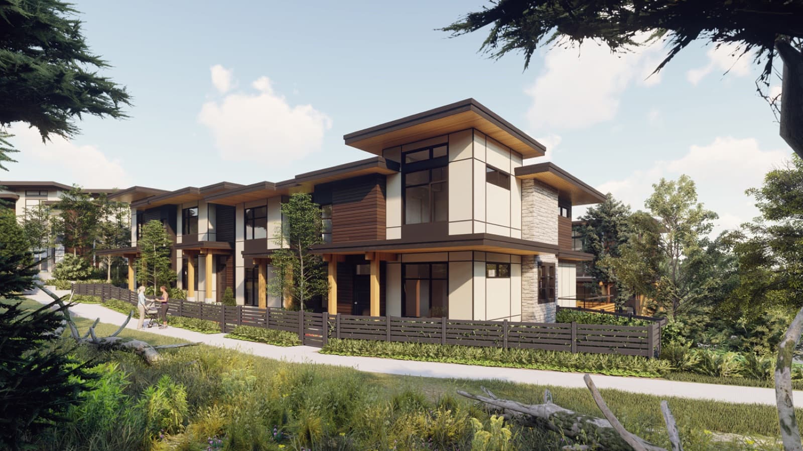 Byrnepark Condos – Modern townhomes along a landscaped walking path, seen from a wooded trail.