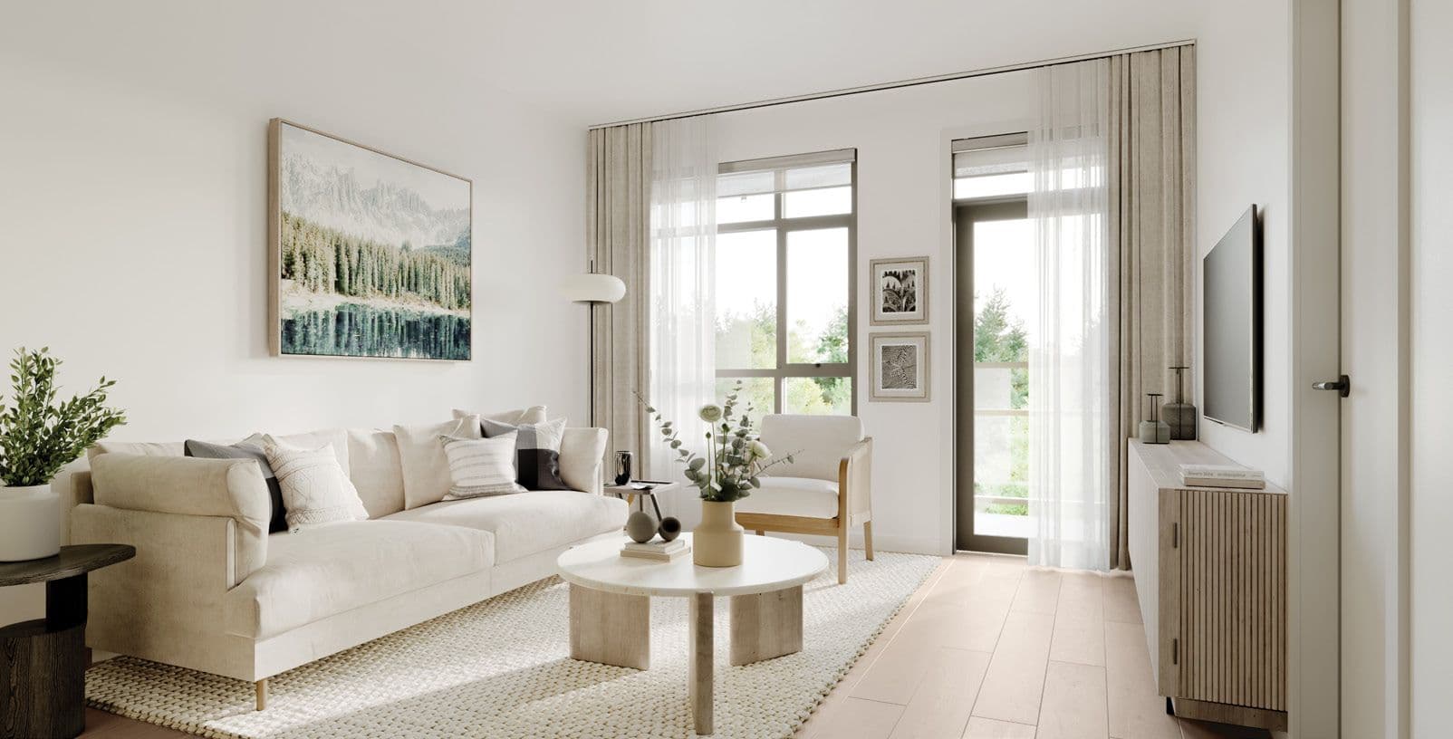 Baden Park – Living room with a beige sectional sofa, round coffee table, armchair, wall-mounted TV, and large windows leading to a balcony.