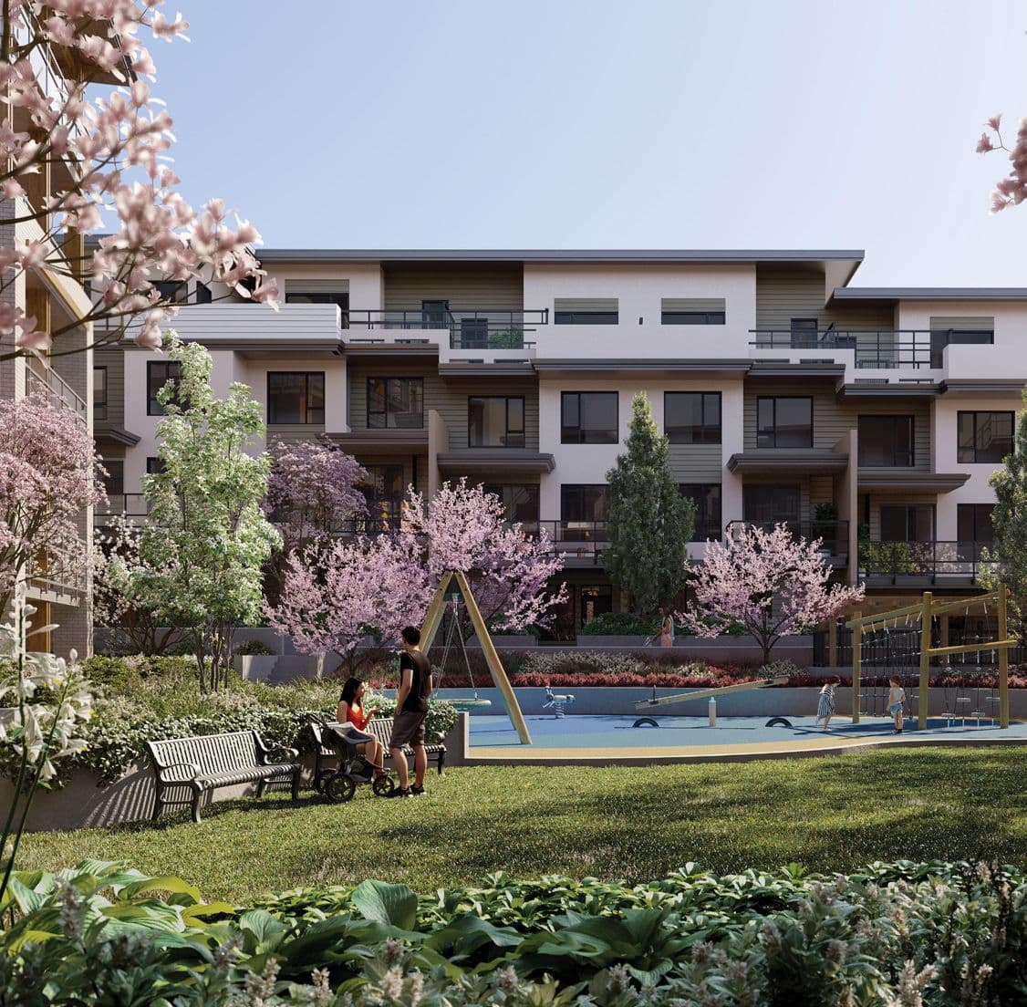 Baden Park – Courtyard between residential buildings with a children's playground, swings, benches, and blooming cherry trees.