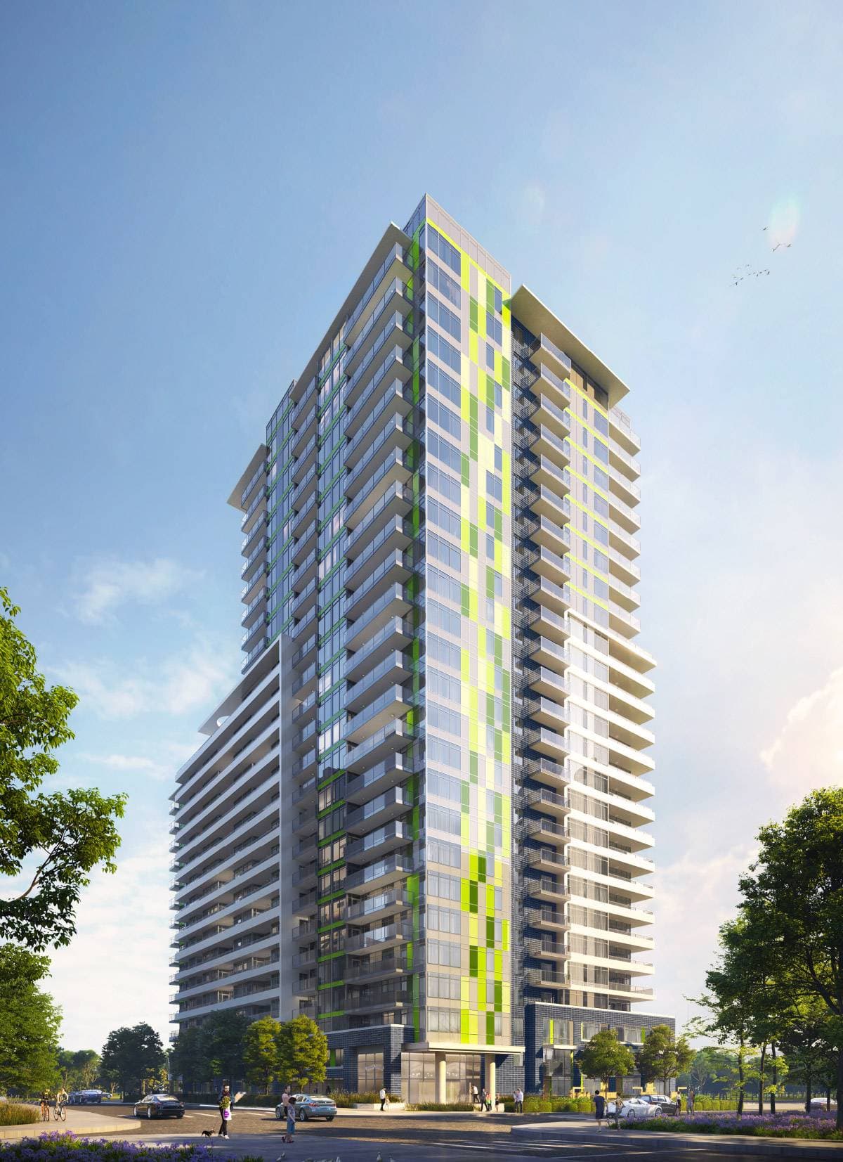 Lucent – A modern high-rise residential tower stands against a bright daytime sky, featuring glass balconies and vibrant vertical green and yellow accent panels running up the facade. Street-level views show landscaped sidewalks, planted trees, and pedestrians alongside parked cars on a sunny day.
