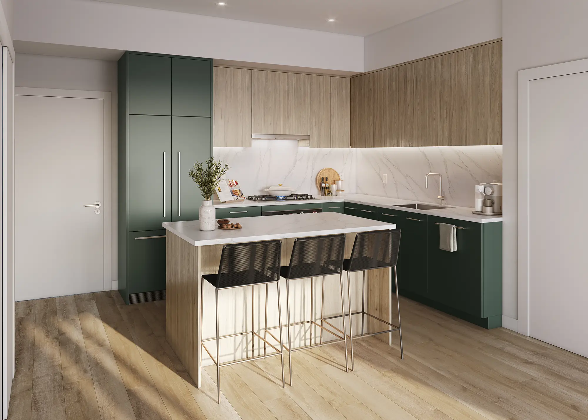 Lodana – A kitchen with green lower cabinets, light wood upper cabinets, marble backsplash, gas cooktop, and an island with black bar stools.