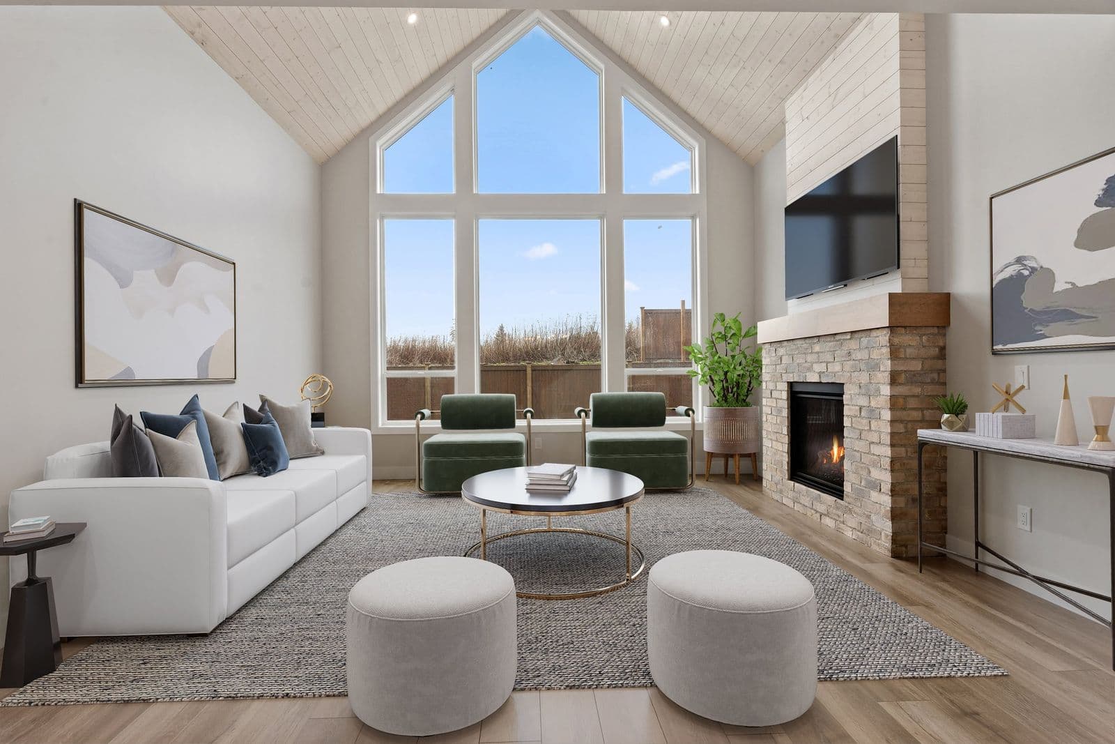 Iron Horse – Living room with a vaulted wood-paneled ceiling, a large arched window, a brick fireplace with mounted TV, a white sofa, and two green accent chairs.
