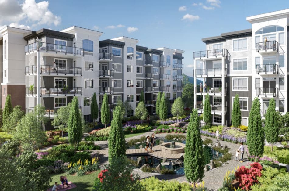 Montrose Square – Landscaped inner courtyard between two mid-rise condo buildings with a koi pond, fountain, walking paths, and flower gardens where residents relax.