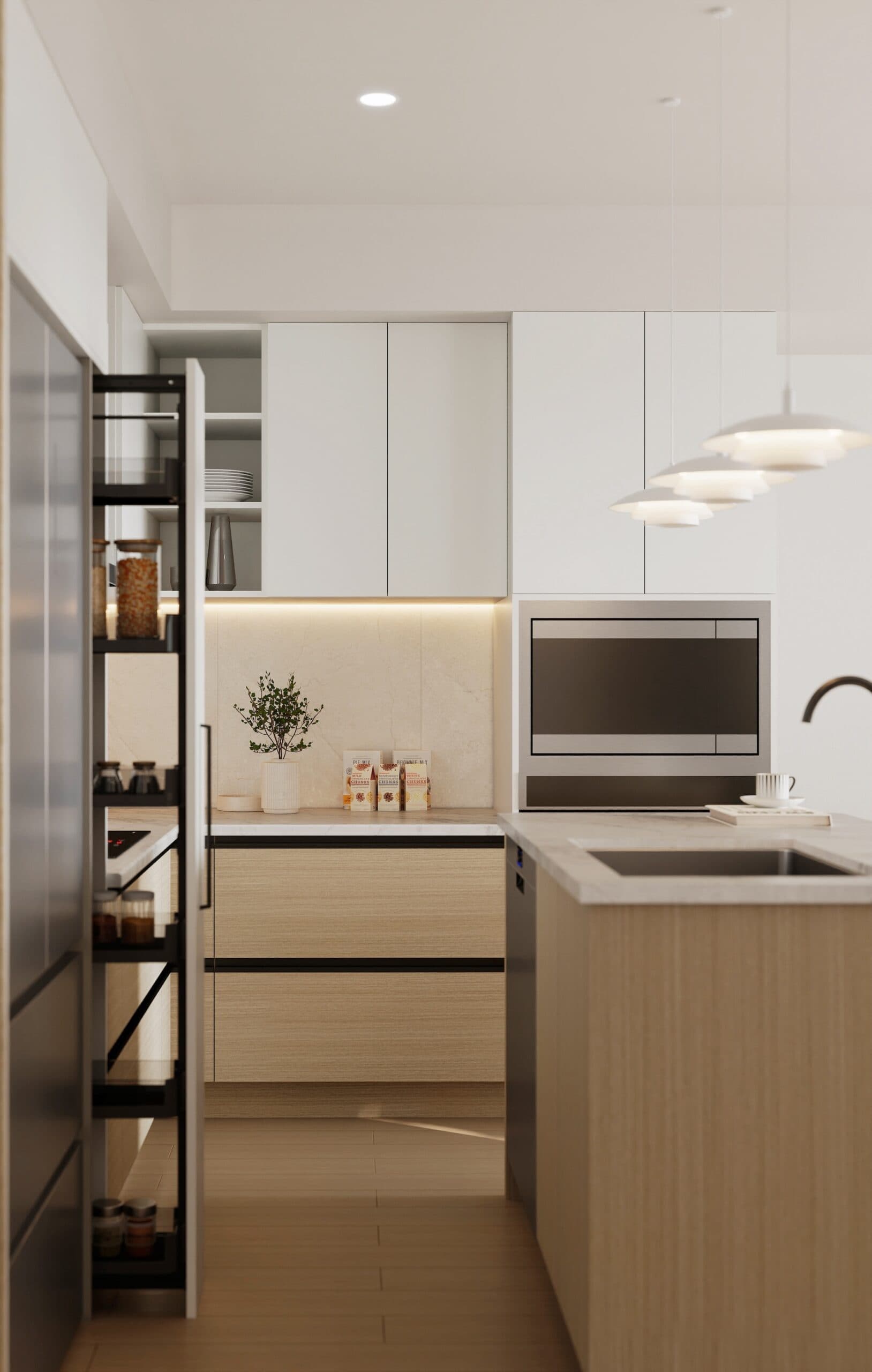Kamilia – A modern kitchen interior showing a mix of flat-panel white upper cabinets and light wood lower cabinets, complemented by warm under-cabinet lighting and a beige tiled backsplash. In the foreground, an open pull-out pantry rack and a kitchen island with a built-in sink and pendant lights highlight the functional and sleek design.