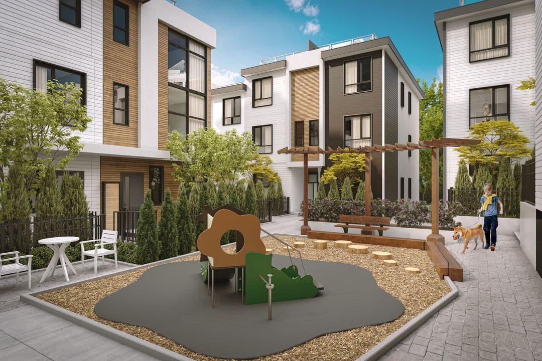 Burqville – A shared courtyard between townhome buildings with a children's playground on rubber mulch, a wood pergola, a bench, patio table and chairs, and a child walking a dog.
