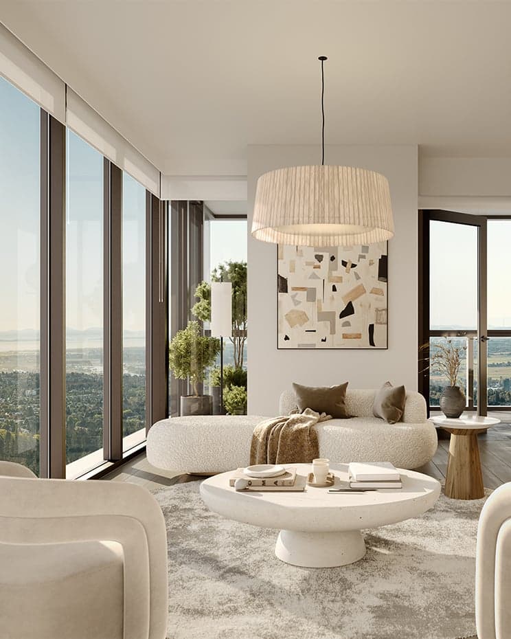 Solhouse 6035 – A modern living room furnished with a curved white bouclé daybed, round coffee table, and soft armchairs sits framed by floor-to-ceiling windows. Natural daylight fills the neutral-toned space, revealing expansive high-rise views of surrounding trees, distant mountains, and water.