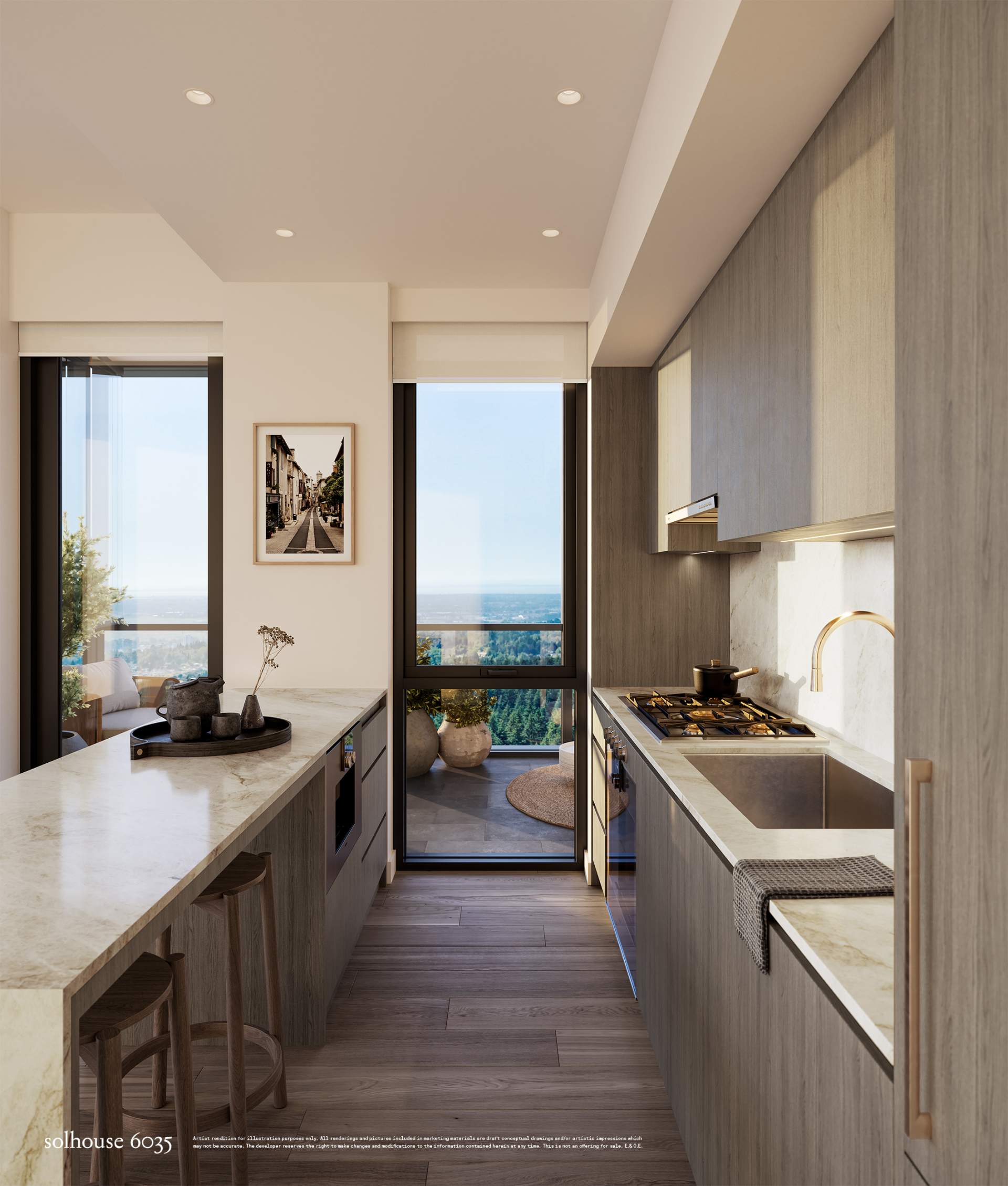 Solhouse 6035 – A modern galley-style kitchen featuring grey wood-look cabinetry, light marble countertops, integrated appliances, and a brass faucet. Bright daylight streams in from floor-to-ceiling windows and a glass door that leads out to a private balcony overlooking lush trees and distant waters.